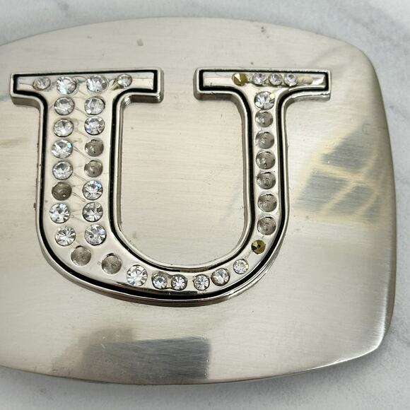 Rhinestone Studded U Letter Initial Monogram Silver Tone Belt Buckle - Picture 3 of 9
